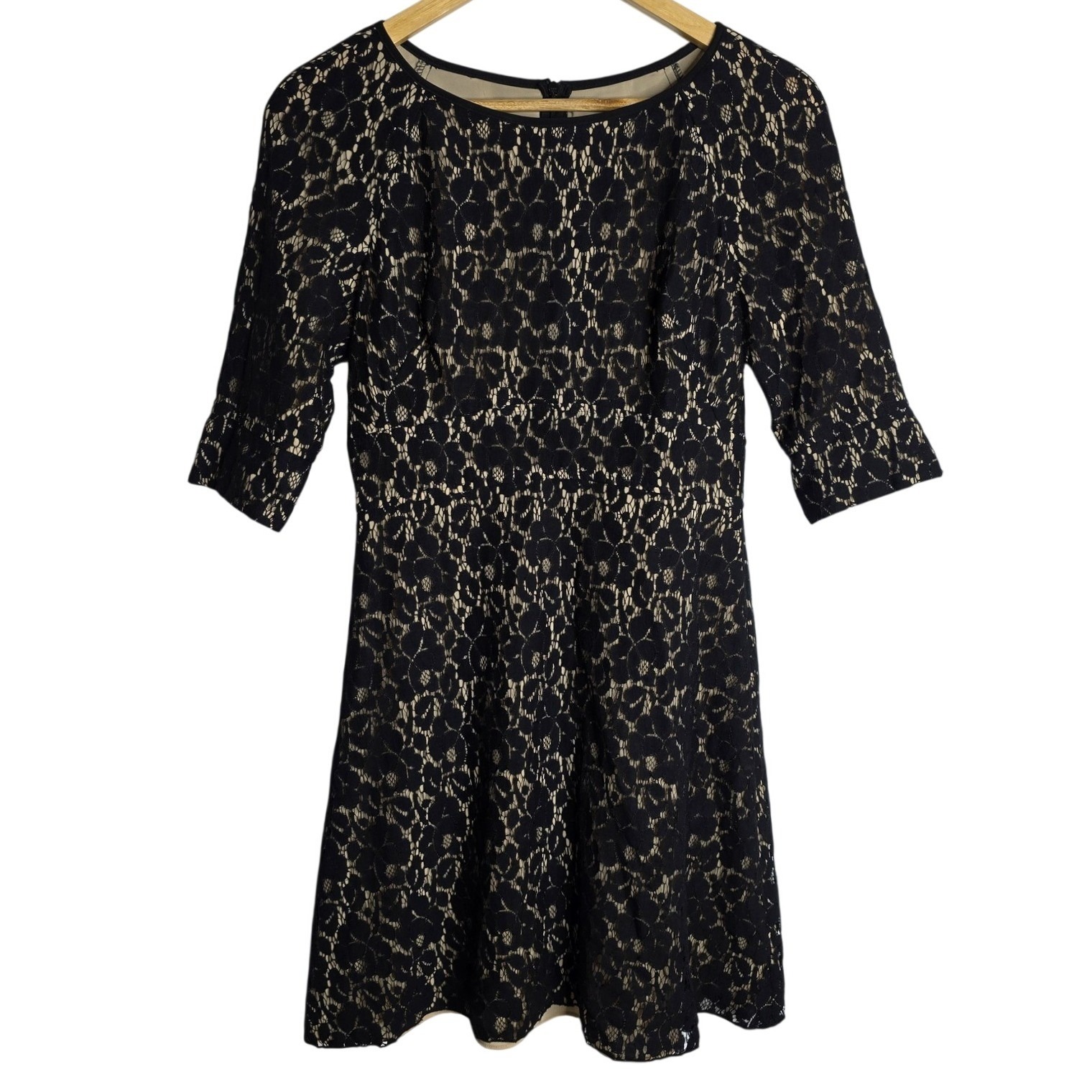 Abs By Allen Schwartz Black Gold Lace Overlay Dress 3/4 Sleeve Fit Flare Size 4